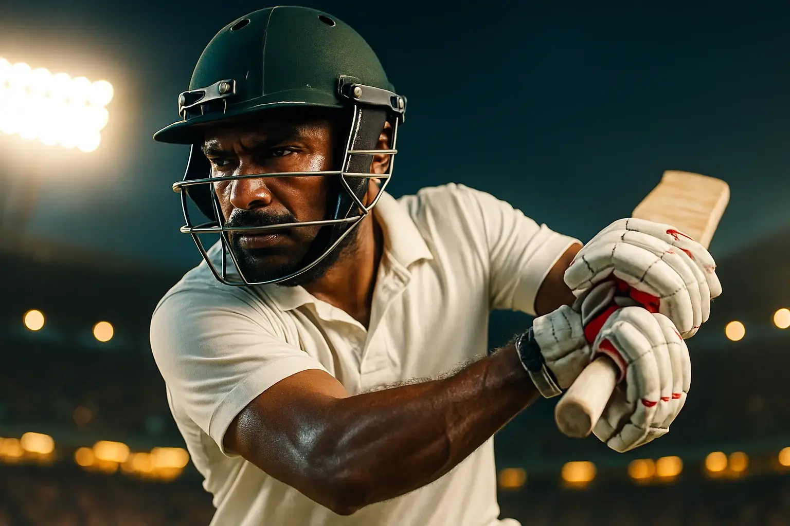 Bangladeshi cricket batsman in white kit mid-swing under stadium floodlights