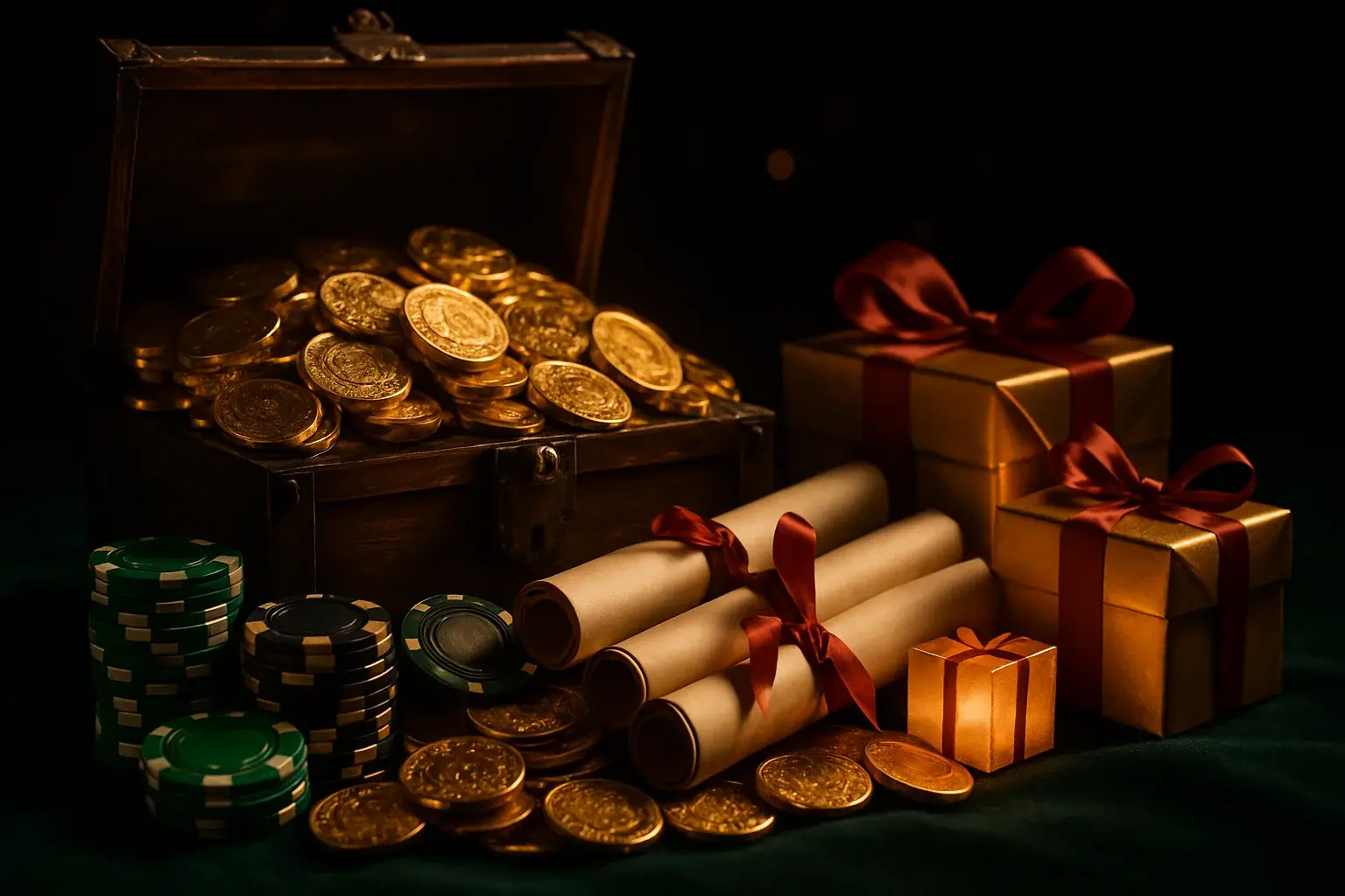 Overflowing treasure chest with gold coins, casino chips, vouchers, and gift boxes