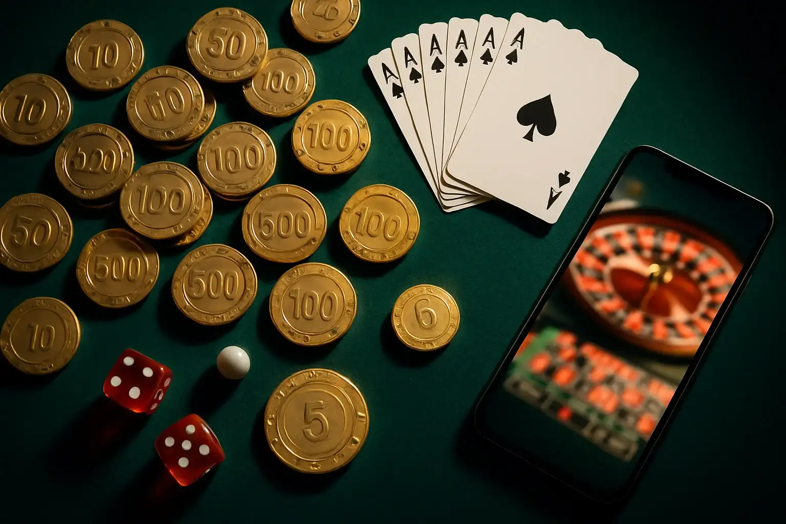 Top-down casino table with gold chips, cards, dice, roulette ball, smartphone