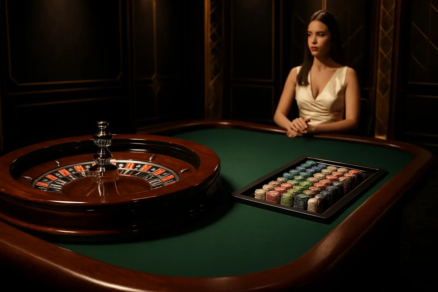 Hyperrealistic live casino studio with empty roulette table and dramatic lighting