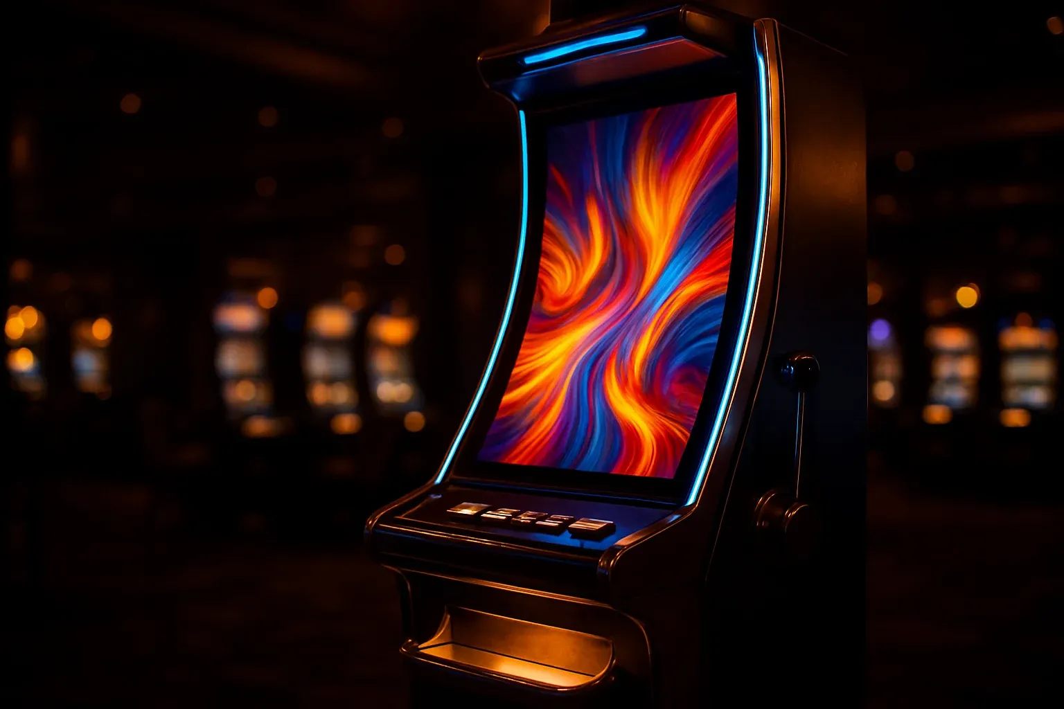 Hyperrealistic premium slot machine glowing in dark luxury casino floor